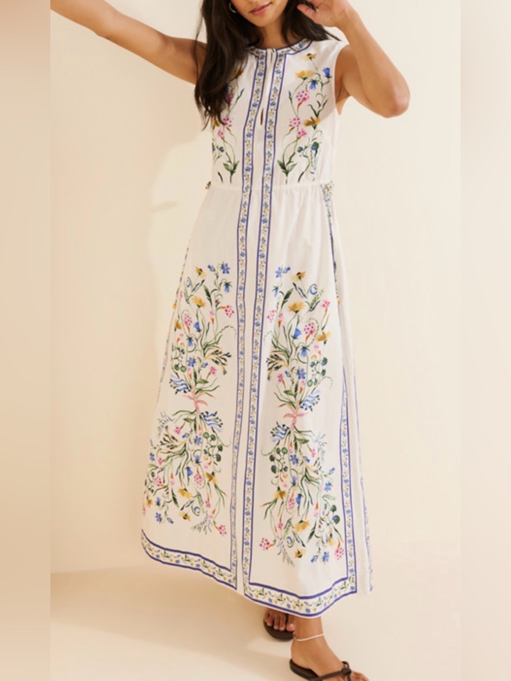 Banjanan Rhonda Floral Maxi High Neck Tie Waist Maxi Cotton Dress Small